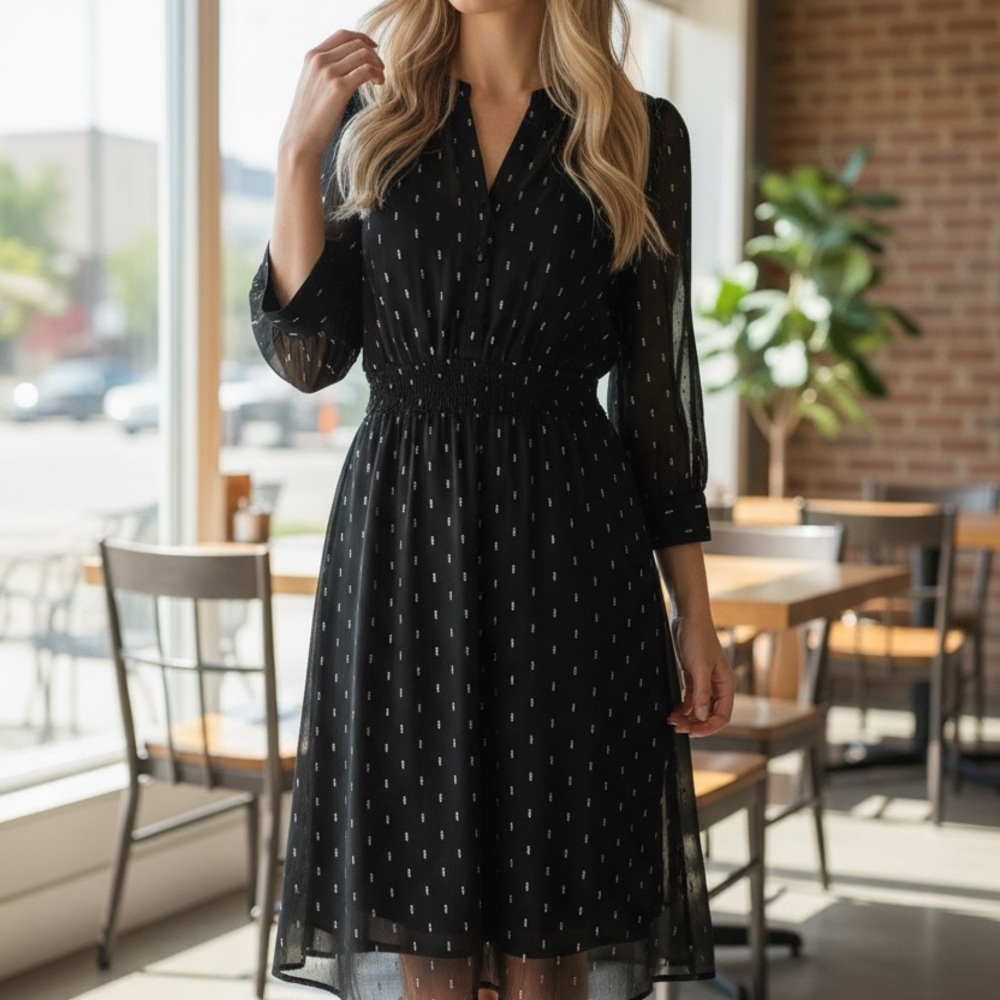 Banana Republic Black with Gold Metallic Printed Midi Dress Size XSP